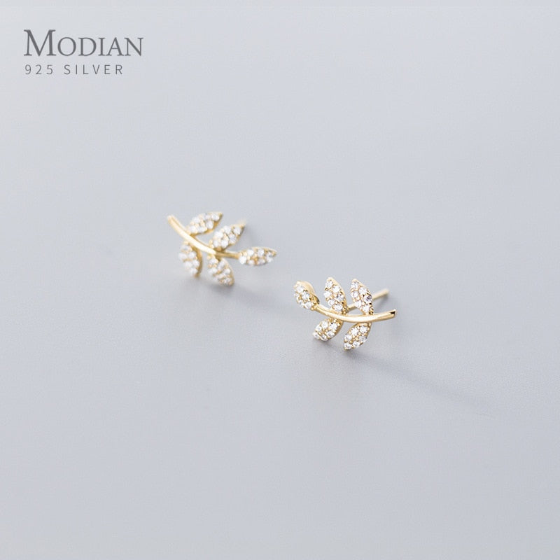 Modian New Autumn Collection Sterling Silver 925 Shiny Clear CZ Tree Leaves Stud Earrings for Women Luxury Wedding Fine Jewelry