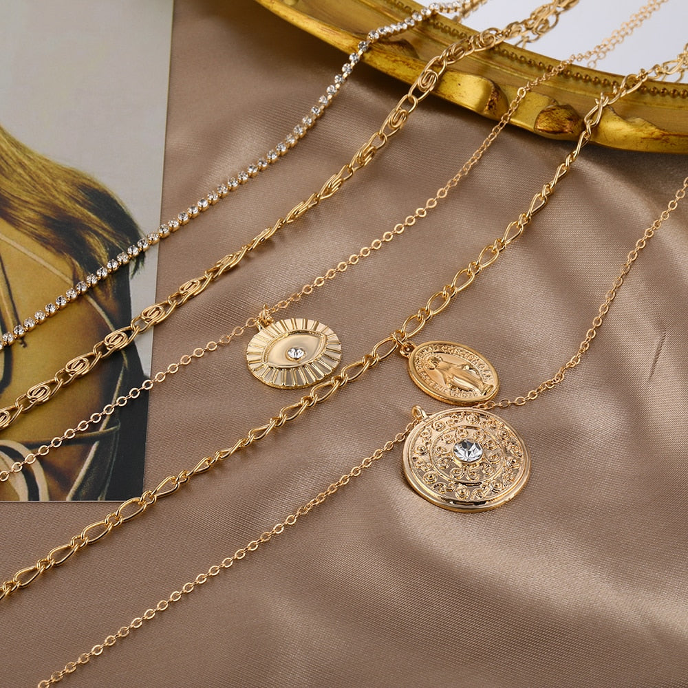 IPARAM Bohemian Jesus Pendant Crystal Chain Necklace Women&#39;s Retro Multilayer Coin Geometric Chain Choker Necklace Jewelry Gift