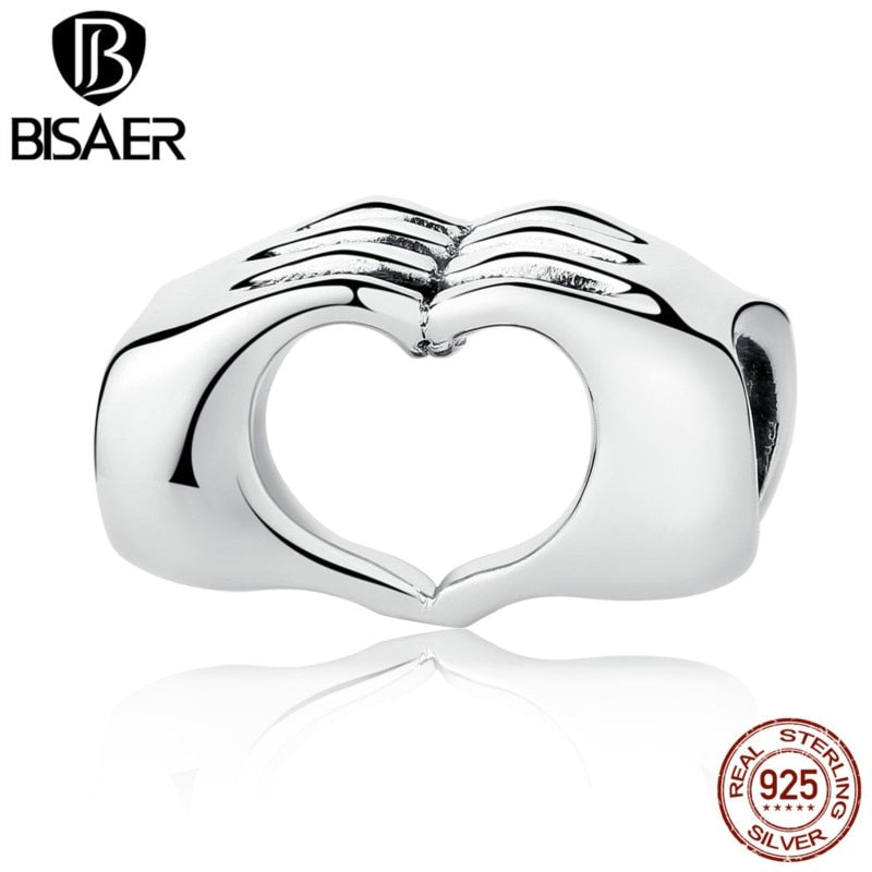 Recién llegado, auténtica Plata de Ley 925, cuentas de corazón cerradas con forma de mano, compatibles con pulseras BISAER, joyería DIY Aking ECC125