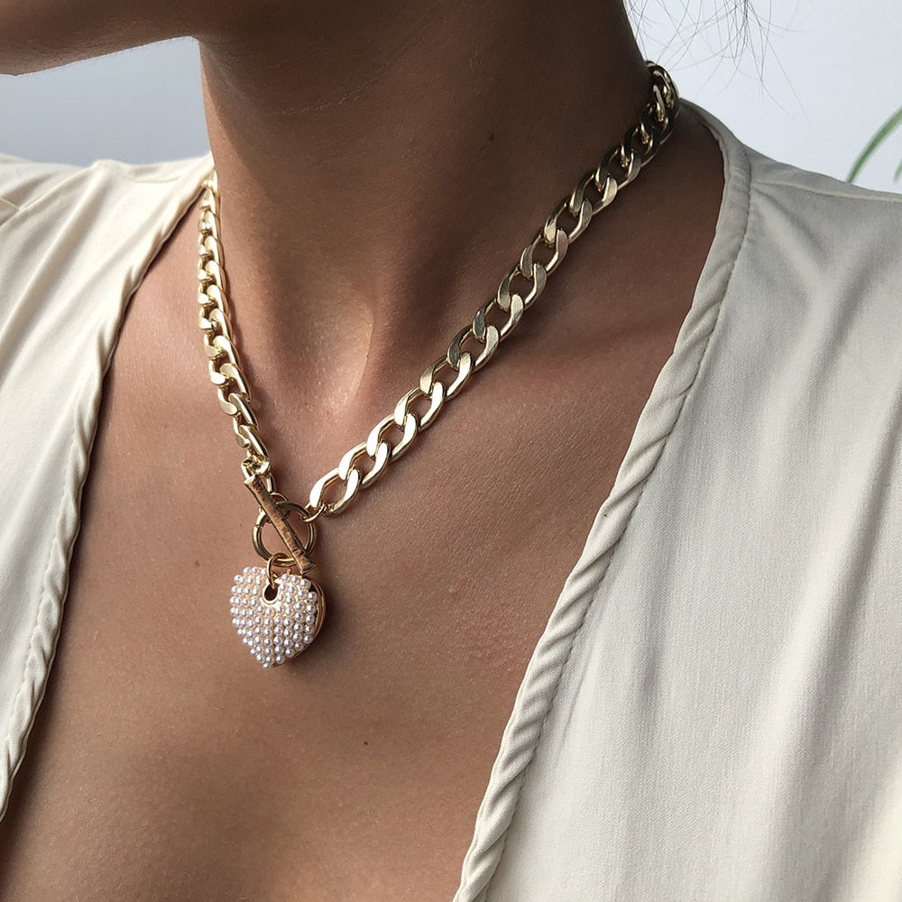 KMVEXO-collar con colgante de corazón de amor y perla de imitación Punk para mujer, cierre de palanca grueso, joyería para fiesta, collares, regalo de Navidad