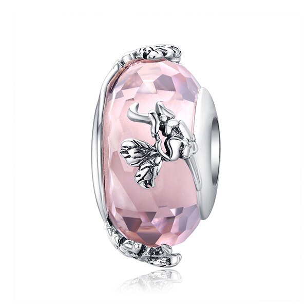 WOSTU Plata de Ley 925 auténtica cuentas de cristal rosa de Murano, dijes redondos aptos para Pulsera Original, colgante, fabricación de joyería de lujo