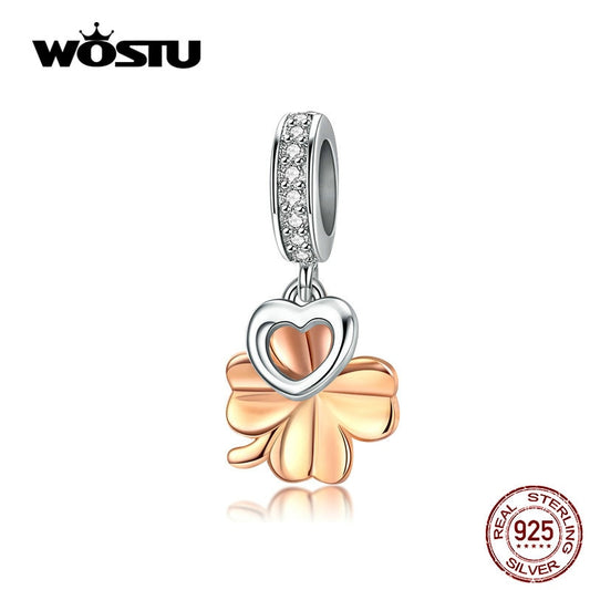 WOSTU colgante de corazón de oro rosa, cuentas de circón de Plata de Ley 925 aptas para Pulsera Original, colgante de plata 925, joyería CQC1238