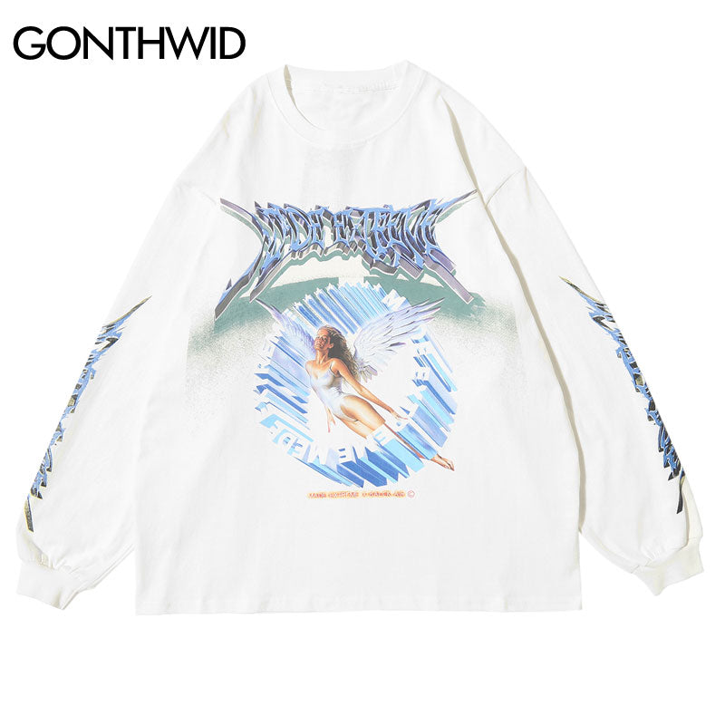 GONTHWID, camisetas creativas de manga larga con estampado de Ángel en 3D, ropa de calle Hip Hop Hipster, camisetas holgadas informales, camisetas de moda para hombres