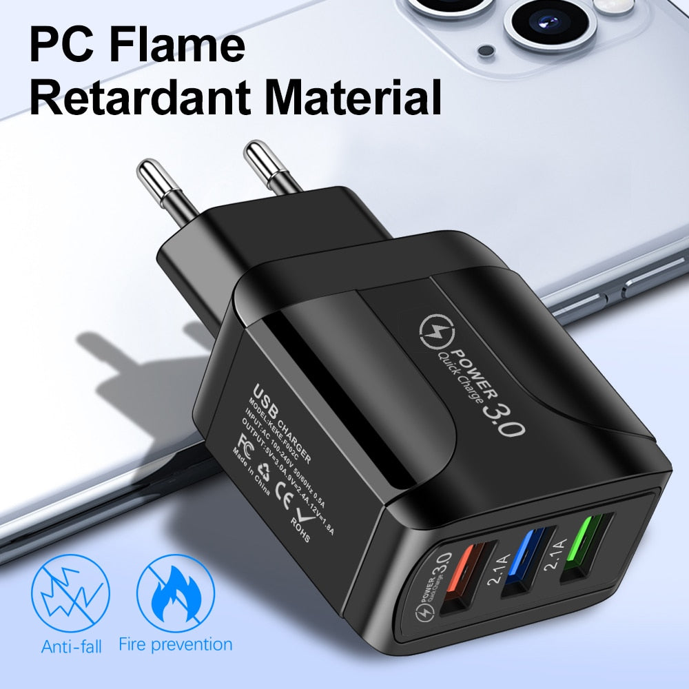 Adaptador de cargador USB de carga rápida 3,0 para iPhone 11 Pro Max Xiaomi enchufe europeo 3 puertos USB QC3.0 cargador de teléfono móvil de carga rápida