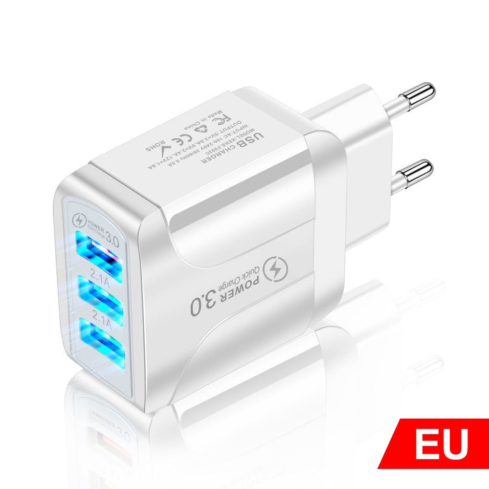 Adaptador de cargador USB de carga rápida 3,0 para iPhone 11 Pro Max Xiaomi enchufe europeo 3 puertos USB QC3.0 cargador de teléfono móvil de carga rápida