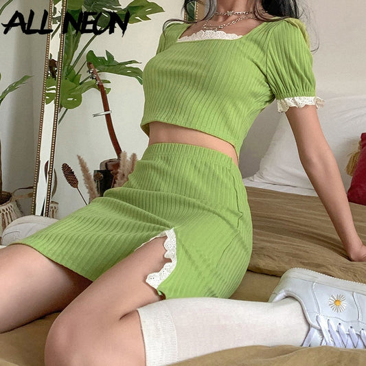 ALLNeon E-girl lindo cuello cuadrado acanalado manga abombada con Tops cortos de encaje y minifalda conjuntos de 2 piezas Y2K conjuntos a juego de moda