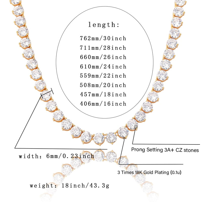 TOPGRILLZ Bling 3 puntas collar de cadena de tenis 4mm 6mm hombres Hip Hop encanto oro/plata joyería de Color helado AAA Cubic Zirconia