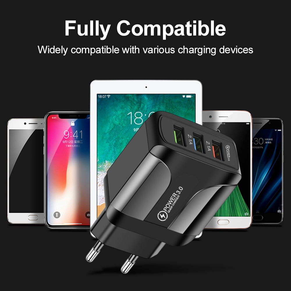 Adaptador de cargador USB de carga rápida 3,0 para iPhone 11 Pro Max Xiaomi enchufe europeo 3 puertos USB QC3.0 cargador de teléfono móvil de carga rápida