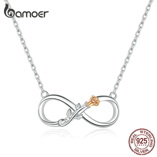 Bamoer-collar corto de Plata de Ley 925 auténtica con flor rosa, amor infinito, Gargantilla, cadena, bisutería de lujo SCN371