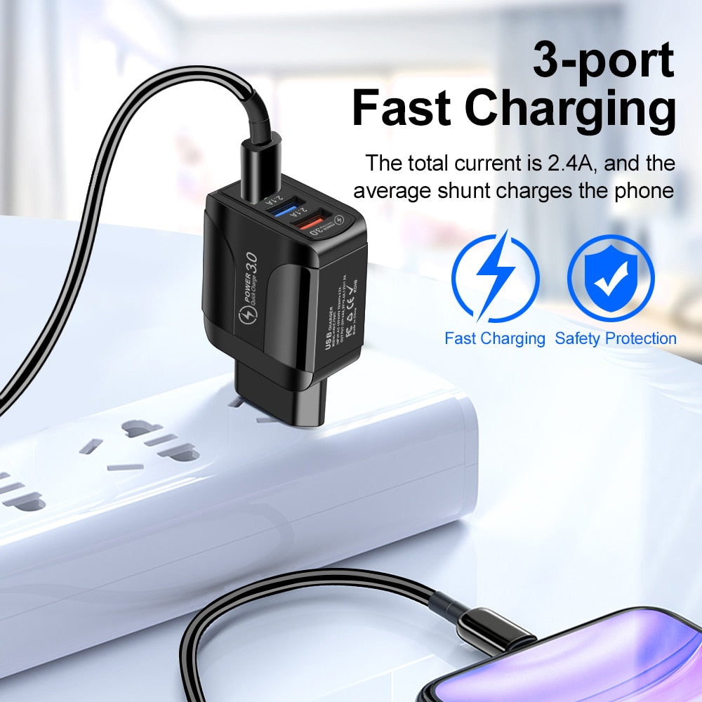 Adaptador de cargador USB de carga rápida 3,0 para iPhone 11 Pro Max Xiaomi enchufe europeo 3 puertos USB QC3.0 cargador de teléfono móvil de carga rápida