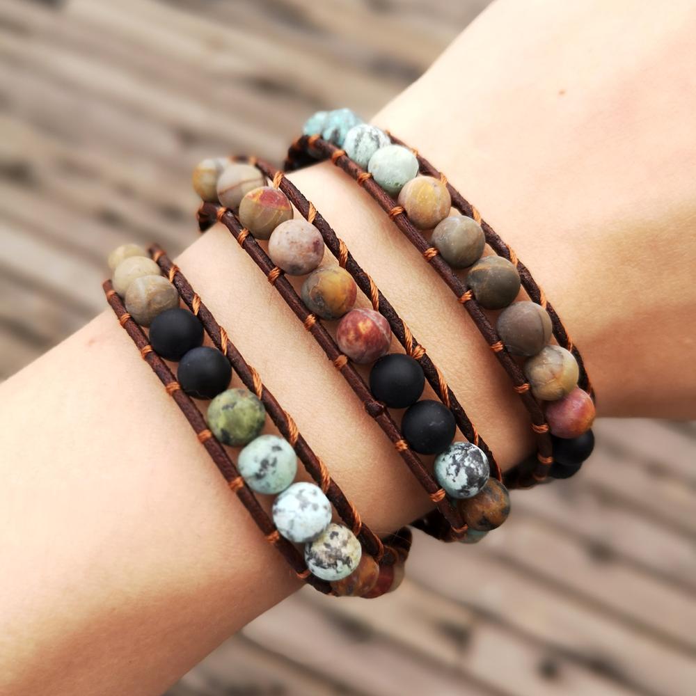 Pulsera de cuentas de piedra Natural para mujer, cadena de cuerda tejida ajustable multicapa Vintage de 3 hebras, regalo de joyería Bohemia a la moda