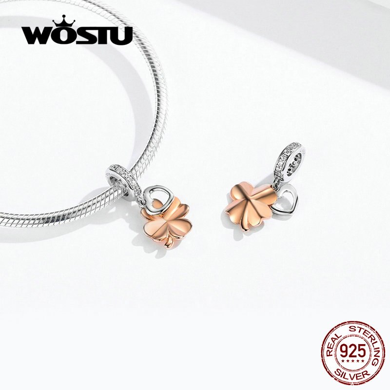 WOSTU colgante de corazón de oro rosa, cuentas de circón de Plata de Ley 925 aptas para Pulsera Original, colgante de plata 925, joyería CQC1238