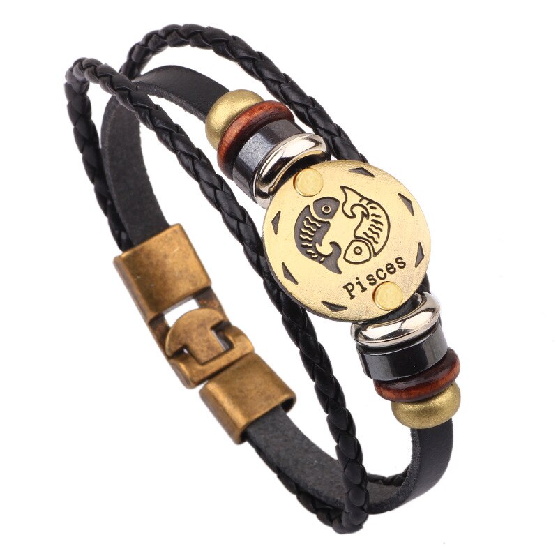 MNWT, hebillas de aleación de bronce a la moda, pulsera de signos del zodiaco para hombres, joyería informal con encanto para amantes, pulseras Punk de cuero