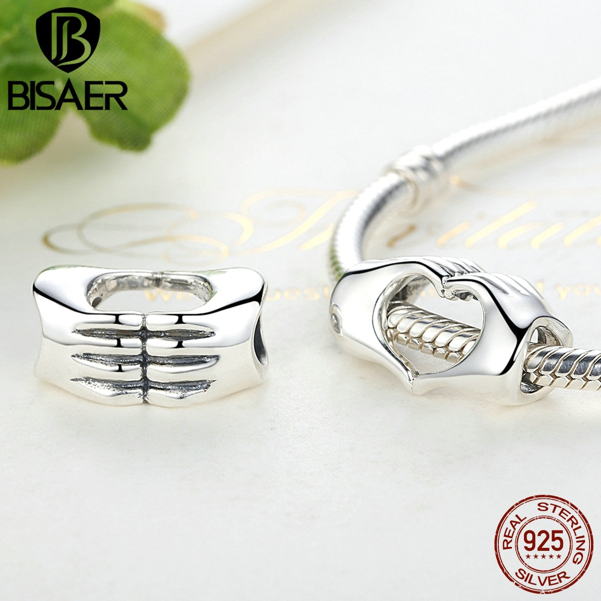 Recién llegado, auténtica Plata de Ley 925, cuentas de corazón cerradas con forma de mano, compatibles con pulseras BISAER, joyería DIY Aking ECC125