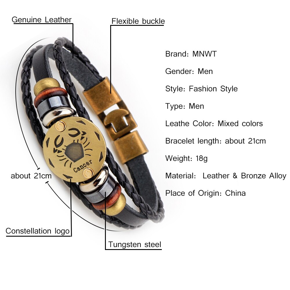 MNWT, hebillas de aleación de bronce a la moda, pulsera de signos del zodiaco para hombres, joyería informal con encanto para amantes, pulseras Punk de cuero