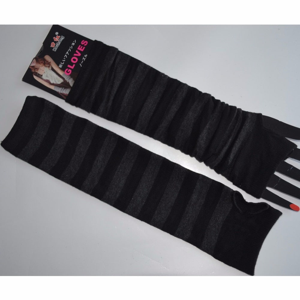 Naiveroo moda mujer señora rayas codo guantes más cálidos tejidos guantes largos sin dedos codo mitones accesorios de Navidad regalo