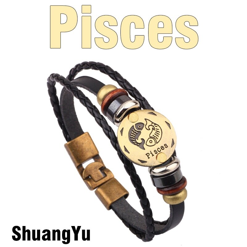 MNWT, hebillas de aleación de bronce a la moda, pulsera de signos del zodiaco para hombres, joyería informal con encanto para amantes, pulseras Punk de cuero