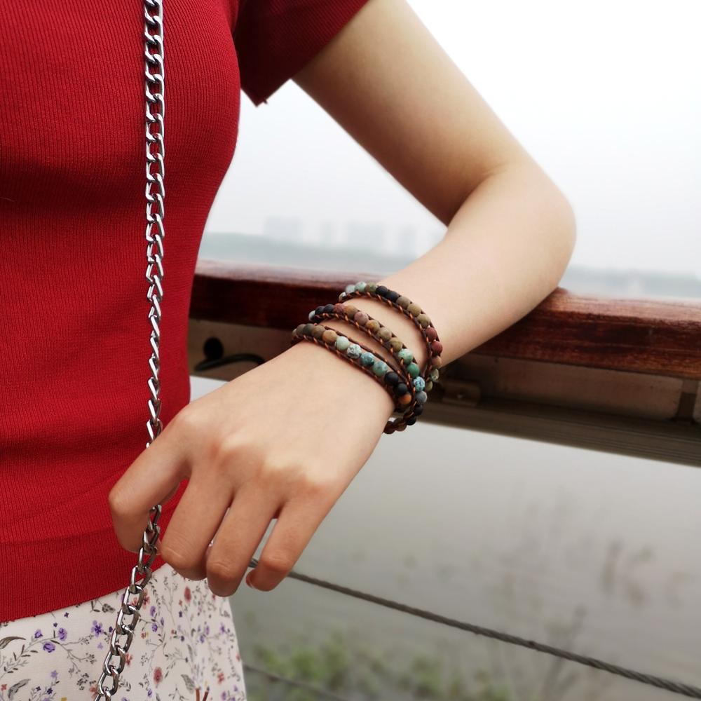 Pulsera de cuentas de piedra Natural para mujer, cadena de cuerda tejida ajustable multicapa Vintage de 3 hebras, regalo de joyería Bohemia a la moda