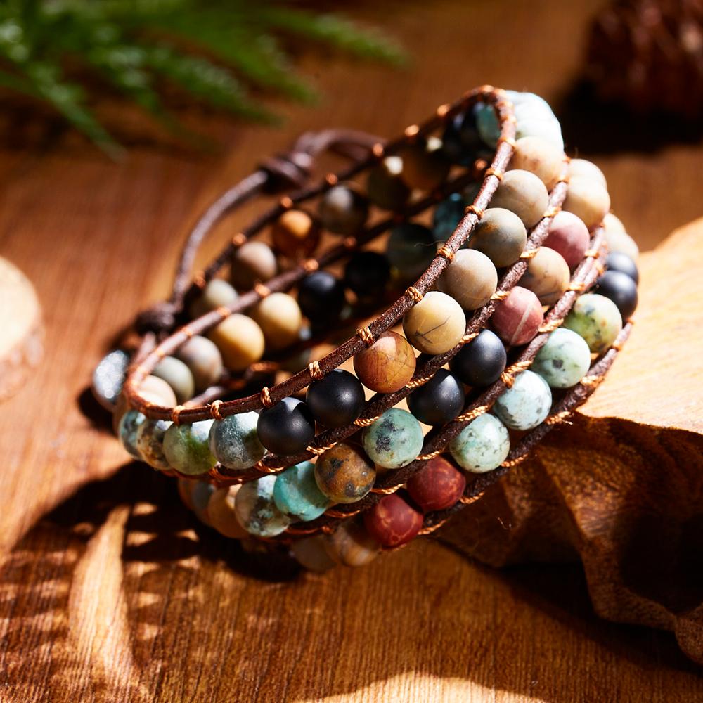 Pulsera de cuentas de piedra Natural para mujer, cadena de cuerda tejida ajustable multicapa Vintage de 3 hebras, regalo de joyería Bohemia a la moda