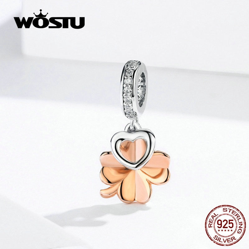 WOSTU colgante de corazón de oro rosa, cuentas de circón de Plata de Ley 925 aptas para Pulsera Original, colgante de plata 925, joyería CQC1238