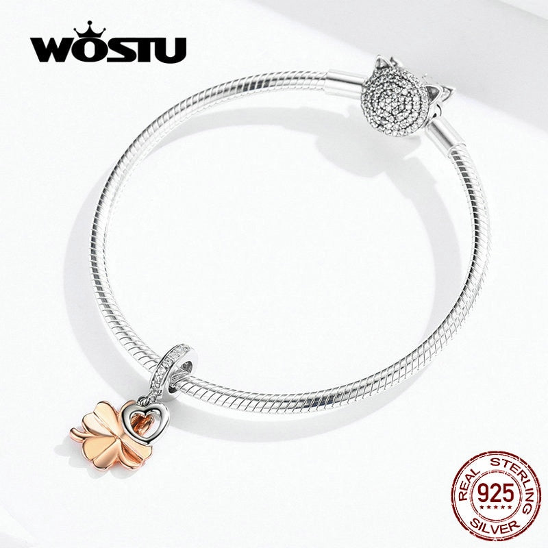 WOSTU colgante de corazón de oro rosa, cuentas de circón de Plata de Ley 925 aptas para Pulsera Original, colgante de plata 925, joyería CQC1238
