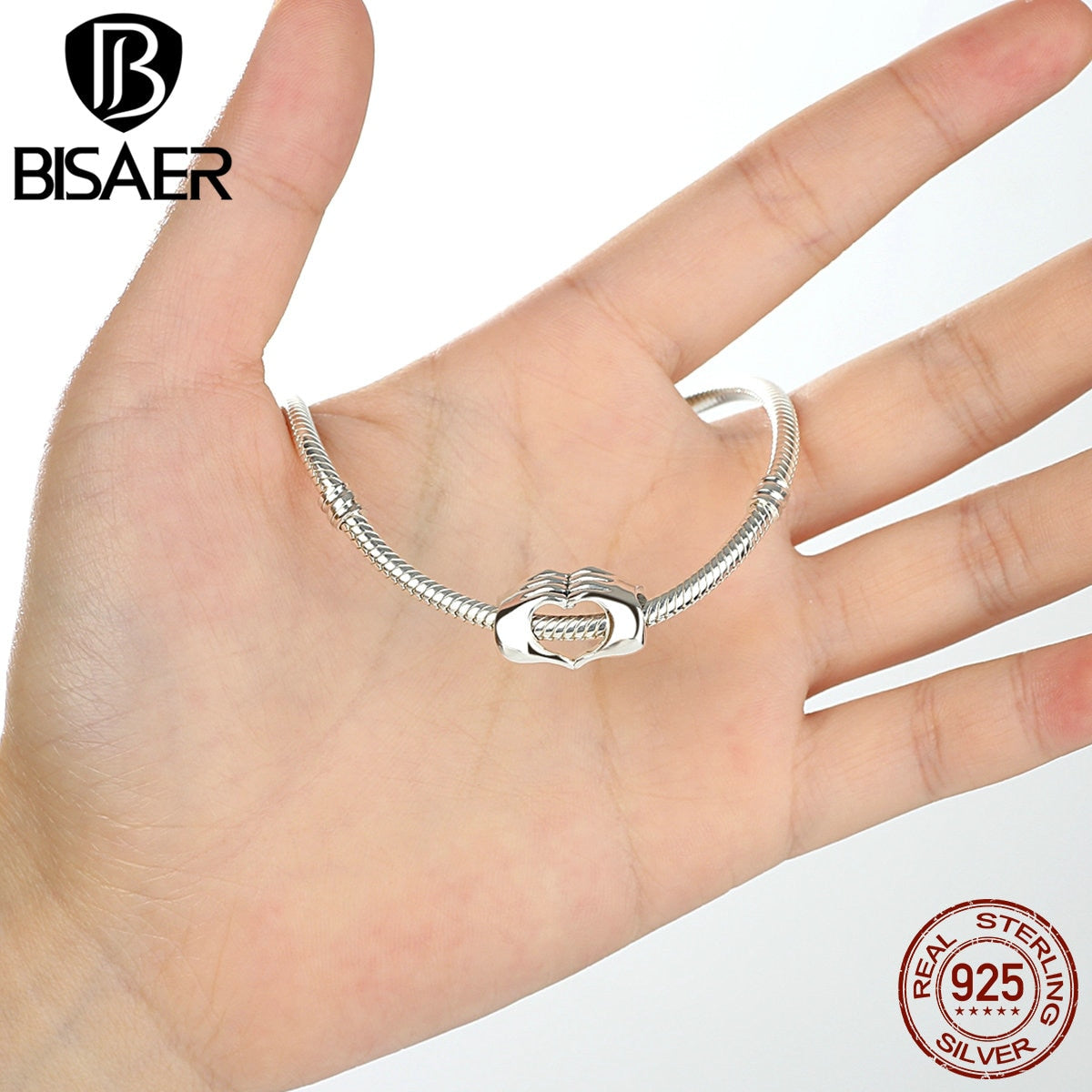 Recién llegado, auténtica Plata de Ley 925, cuentas de corazón cerradas con forma de mano, compatibles con pulseras BISAER, joyería DIY Aking ECC125