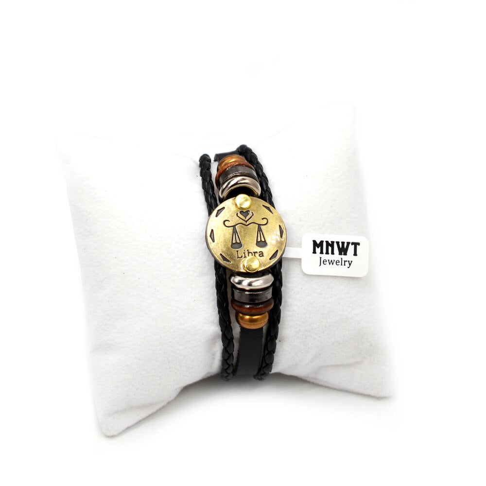 MNWT, hebillas de aleación de bronce a la moda, pulsera de signos del zodiaco para hombres, joyería informal con encanto para amantes, pulseras Punk de cuero