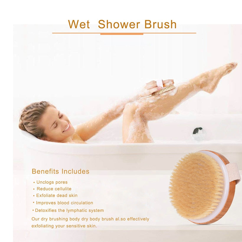 TREESMIL-cepillo de baño de cerdas naturales, masaje portátil de viaje, pelo de caballo, cepillo seco de madera, exfoliante, belleza, cepillo de ducha corporal D30
