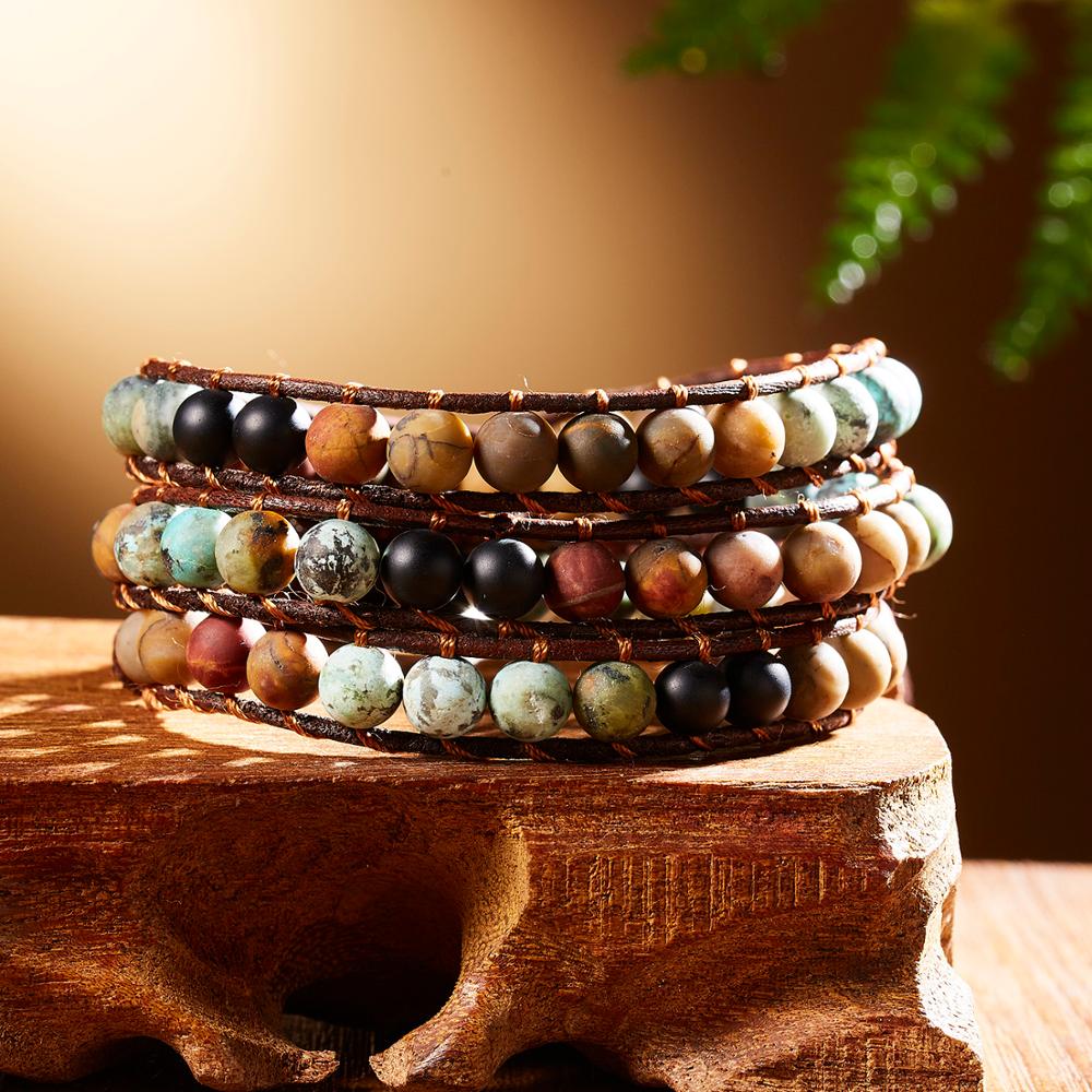 Pulsera de cuentas de piedra Natural para mujer, cadena de cuerda tejida ajustable multicapa Vintage de 3 hebras, regalo de joyería Bohemia a la moda