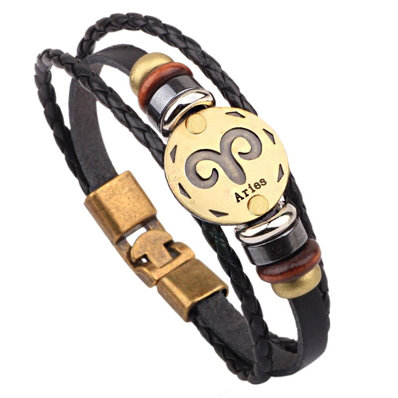 MNWT, hebillas de aleación de bronce a la moda, pulsera de signos del zodiaco para hombres, joyería informal con encanto para amantes, pulseras Punk de cuero
