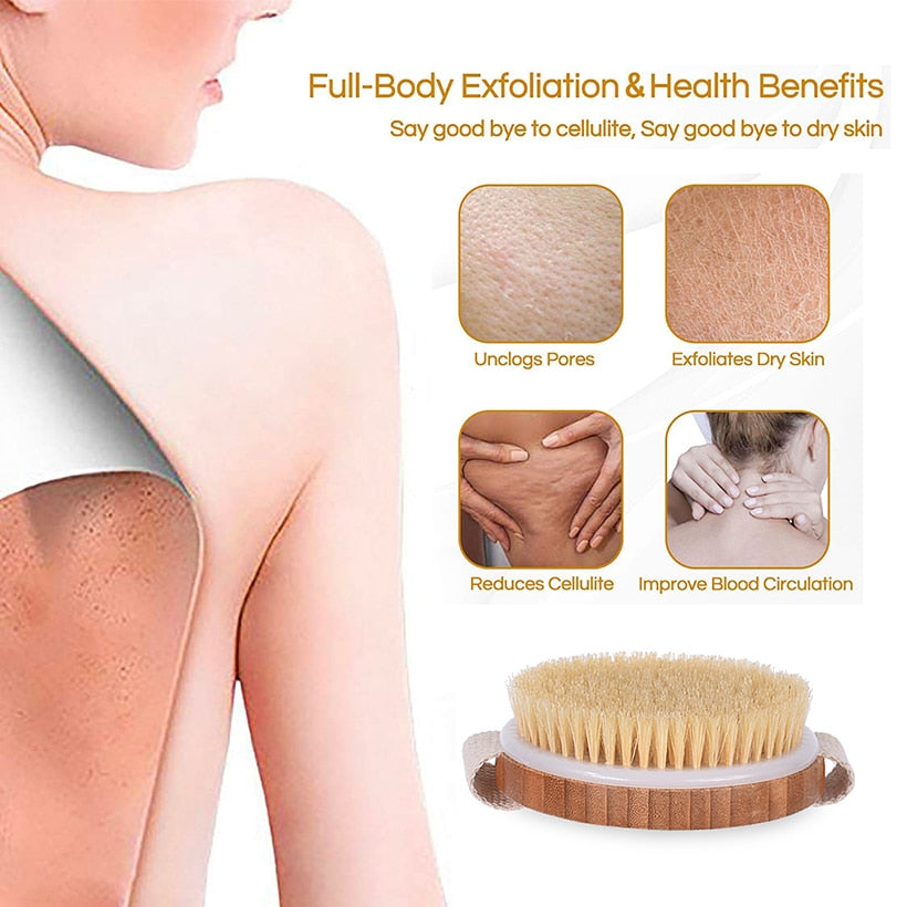 TREESMIL-cepillo de baño de cerdas naturales, masaje portátil de viaje, pelo de caballo, cepillo seco de madera, exfoliante, belleza, cepillo de ducha corporal D30