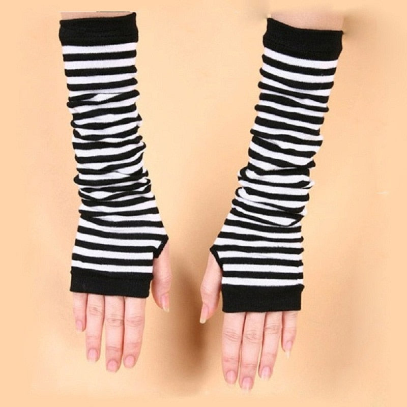 Naiveroo moda mujer señora rayas codo guantes más cálidos tejidos guantes largos sin dedos codo mitones accesorios de Navidad regalo