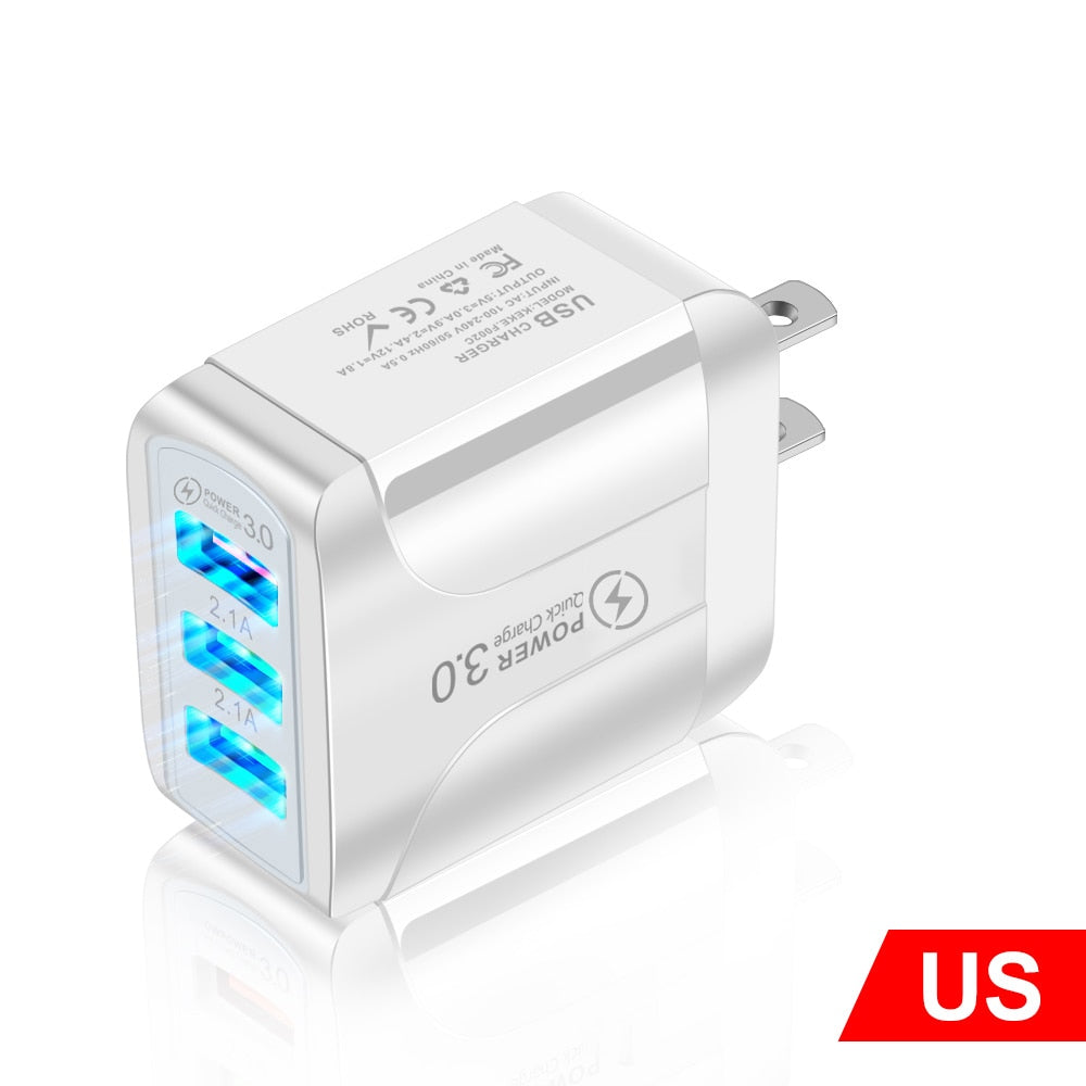 Adaptador de cargador USB de carga rápida 3,0 para iPhone 11 Pro Max Xiaomi enchufe europeo 3 puertos USB QC3.0 cargador de teléfono móvil de carga rápida