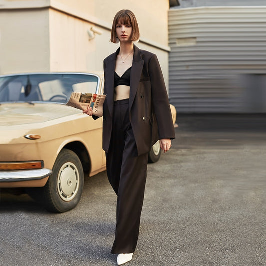 AEL Vintage otoño mujer pantalón traje marrón oscuro chaqueta suelta pantalones de pierna ancha conjuntos de oficina (los pantalones y la chaqueta se venden por separado)