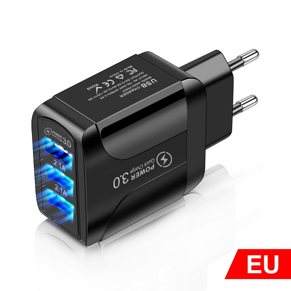 Adaptador de cargador USB de carga rápida 3,0 para iPhone 11 Pro Max Xiaomi enchufe europeo 3 puertos USB QC3.0 cargador de teléfono móvil de carga rápida