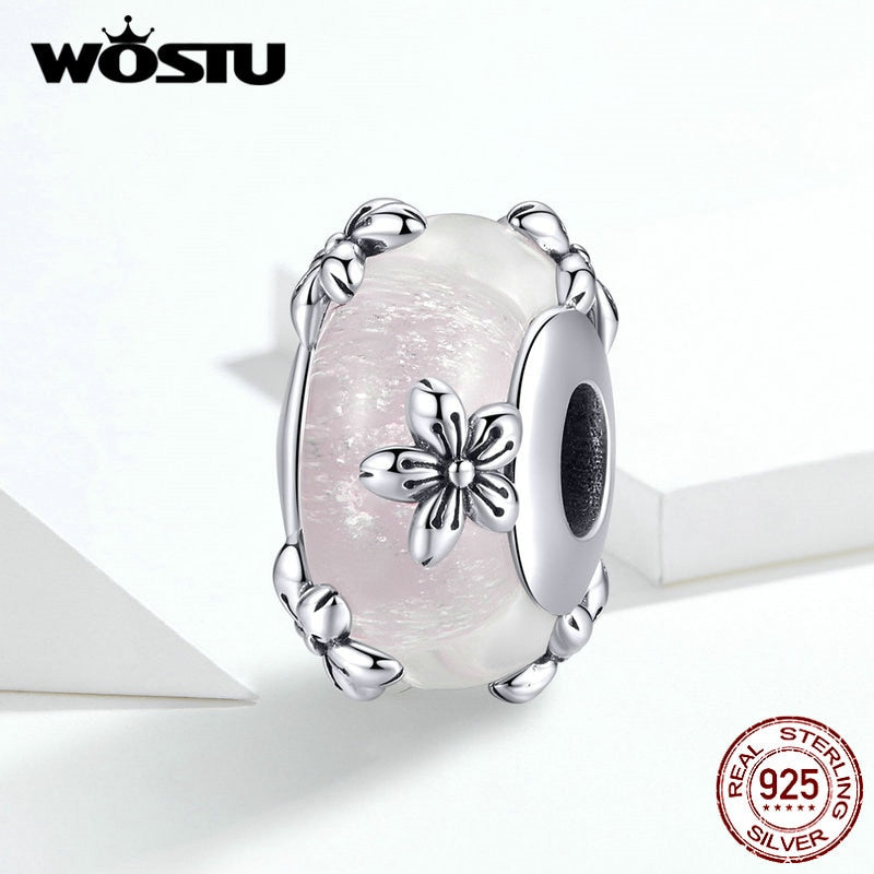 WOSTU Plata de Ley 925 auténtica cuentas de cristal rosa de Murano, dijes redondos aptos para Pulsera Original, colgante, fabricación de joyería de lujo