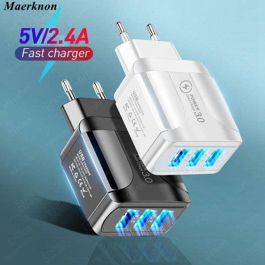 Adaptador de cargador USB de carga rápida 3,0 para iPhone 11 Pro Max Xiaomi enchufe europeo 3 puertos USB QC3.0 cargador de teléfono móvil de carga rápida