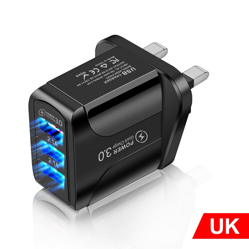 Adaptador de cargador USB de carga rápida 3,0 para iPhone 11 Pro Max Xiaomi enchufe europeo 3 puertos USB QC3.0 cargador de teléfono móvil de carga rápida