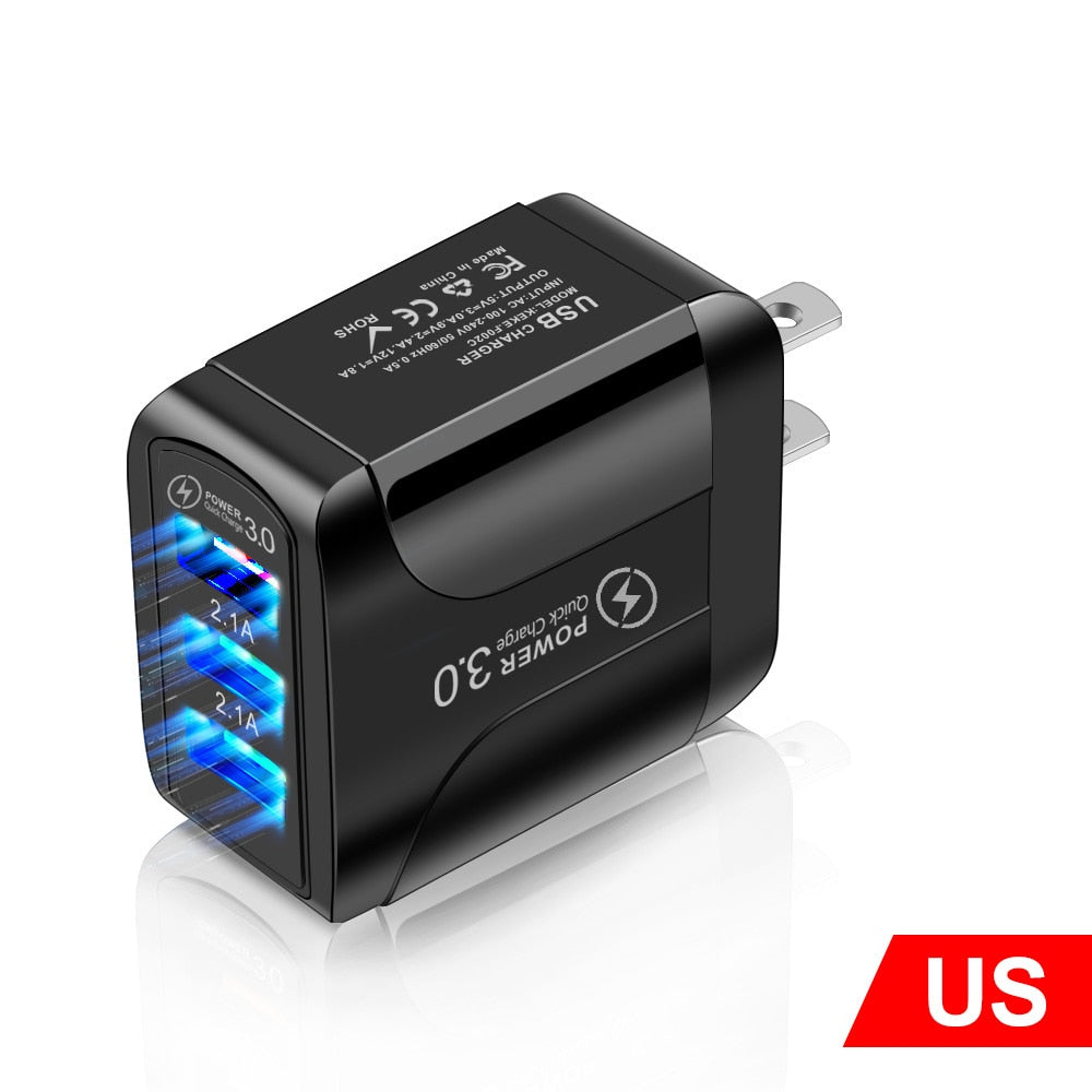 Adaptador de cargador USB de carga rápida 3,0 para iPhone 11 Pro Max Xiaomi enchufe europeo 3 puertos USB QC3.0 cargador de teléfono móvil de carga rápida