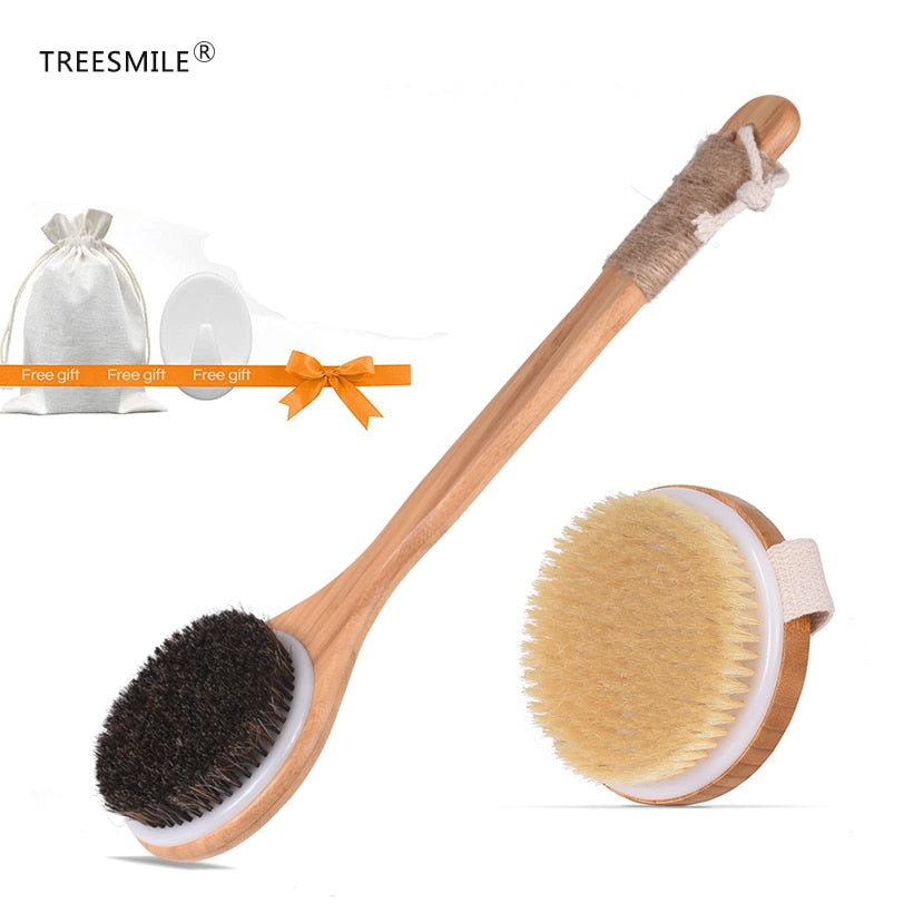 TREESMIL-cepillo de baño de cerdas naturales, masaje portátil de viaje, pelo de caballo, cepillo seco de madera, exfoliante, belleza, cepillo de ducha corporal D30