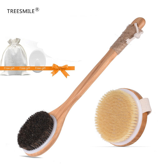 TREESMIL-cepillo de baño de cerdas naturales, masaje portátil de viaje, pelo de caballo, cepillo seco de madera, exfoliante, belleza, cepillo de ducha corporal D30
