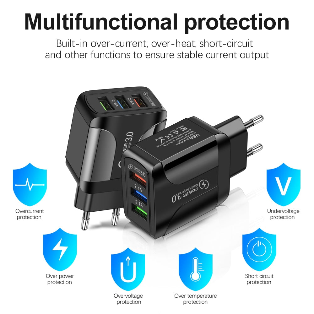 Adaptador de cargador USB de carga rápida 3,0 para iPhone 11 Pro Max Xiaomi enchufe europeo 3 puertos USB QC3.0 cargador de teléfono móvil de carga rápida