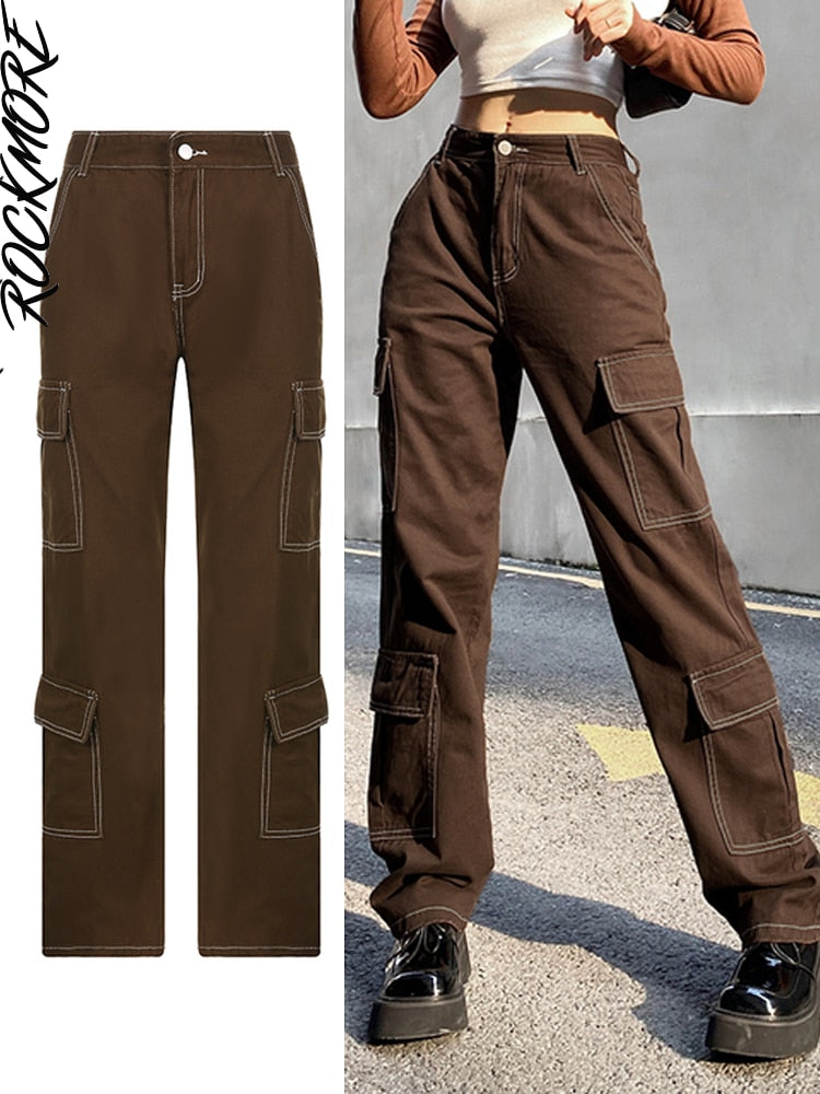 Rockmore-pantalones vaqueros holgados Vintage para mujer, ropa de calle de los años 90, pantalones Cargo de pierna ancha con bolsillos, pantalones vaqueros rectos de cintura baja 2021