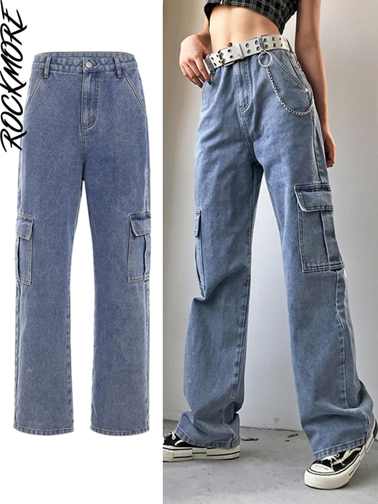Rockmore-pantalones vaqueros holgados Vintage para mujer, ropa de calle de los años 90, pantalones Cargo de pierna ancha con bolsillos, pantalones vaqueros rectos de cintura baja 2021