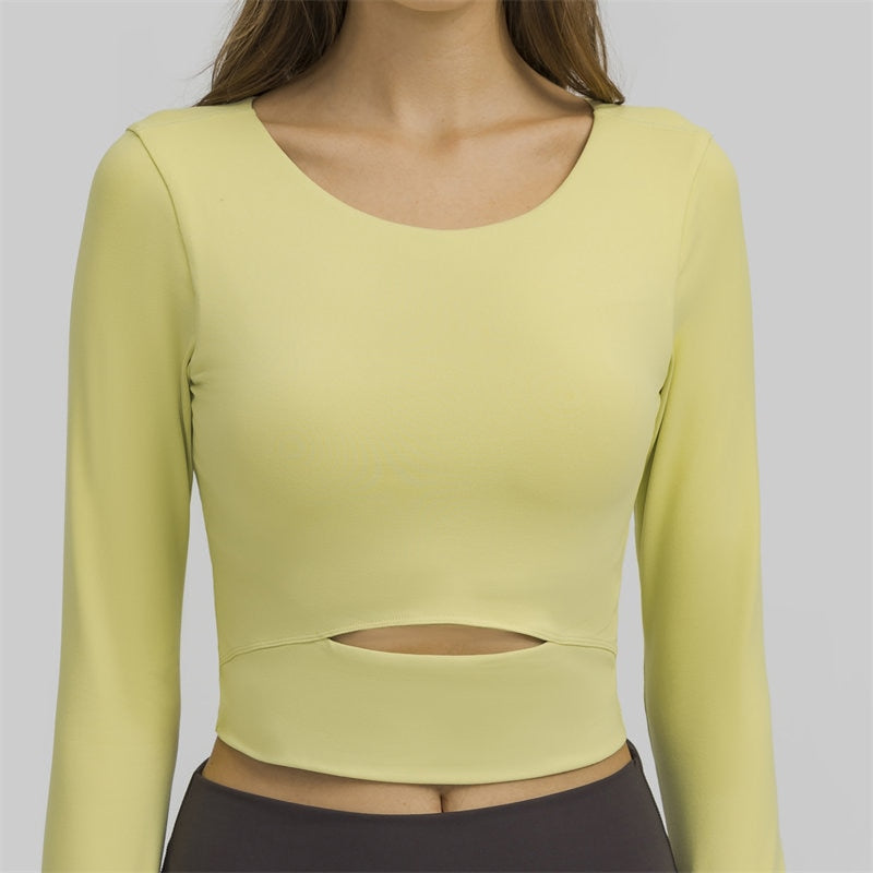 Nepoagym WIND Top corto de manga larga para mujer con sujetador acolchado Top de yoga suave Camisas cómodas de entrenamiento de gimnasio