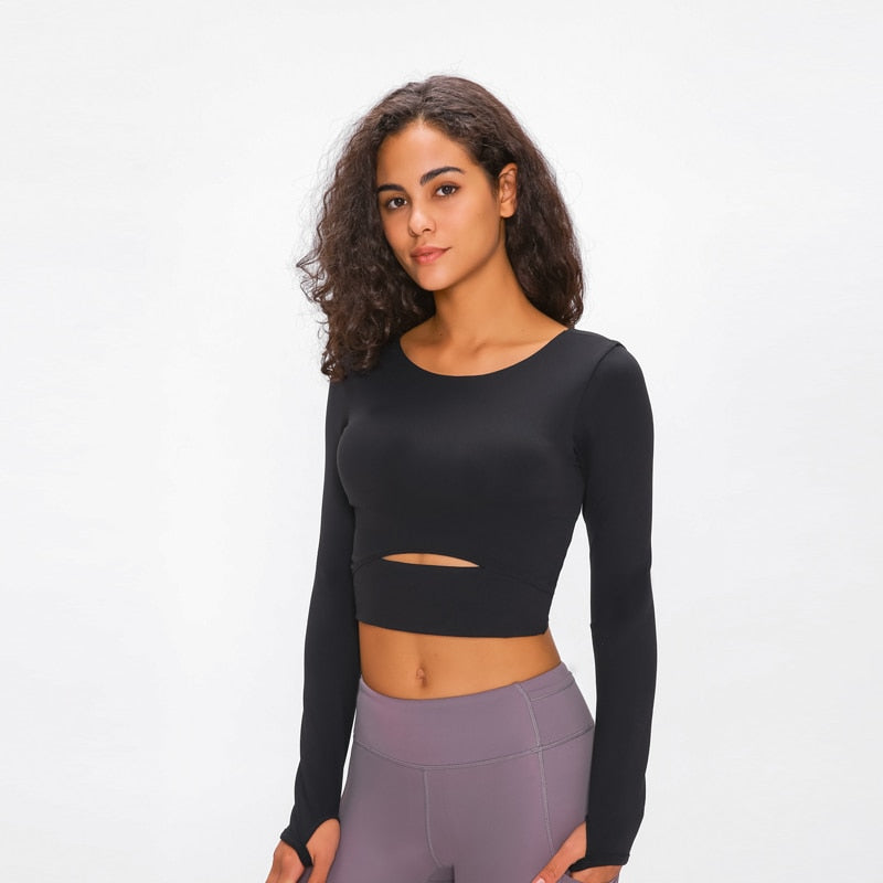 Nepoagym WIND Top corto de manga larga para mujer con sujetador acolchado Top de yoga suave Camisas cómodas de entrenamiento de gimnasio