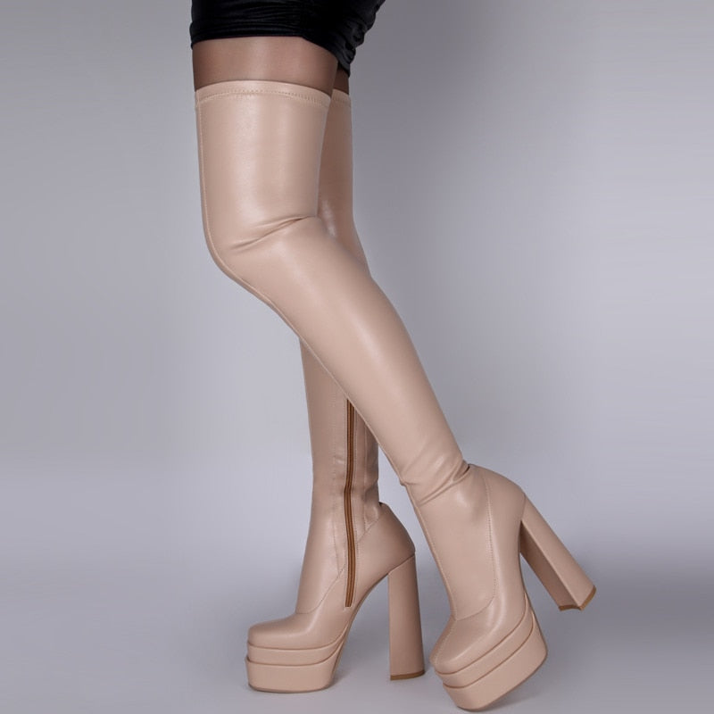 Women Shoes Black Thigh High Boots New Autumn Pu Leather Low Heel Comfortable Shoes Over The Knee Waterproof Boots Ladies Shoes