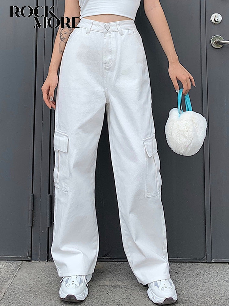 Rockmore-pantalones vaqueros holgados Vintage para mujer, ropa de calle de los años 90, pantalones Cargo de pierna ancha con bolsillos, pantalones vaqueros rectos de cintura baja 2021