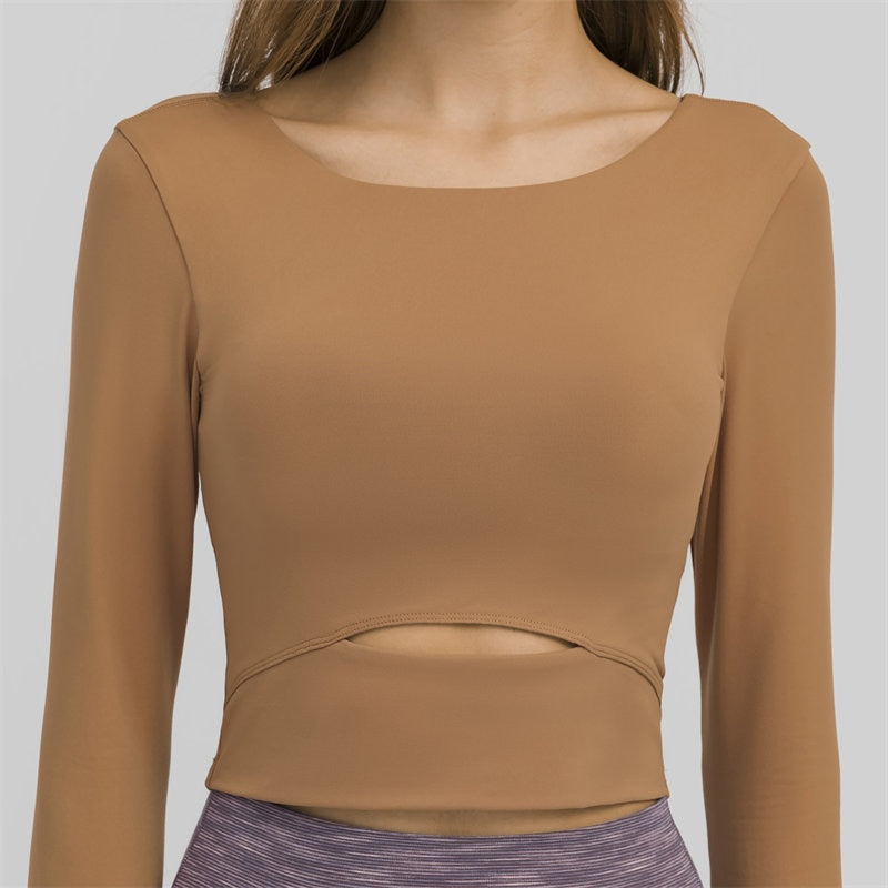 Nepoagym WIND Top corto de manga larga para mujer con sujetador acolchado Top de yoga suave Camisas cómodas de entrenamiento de gimnasio