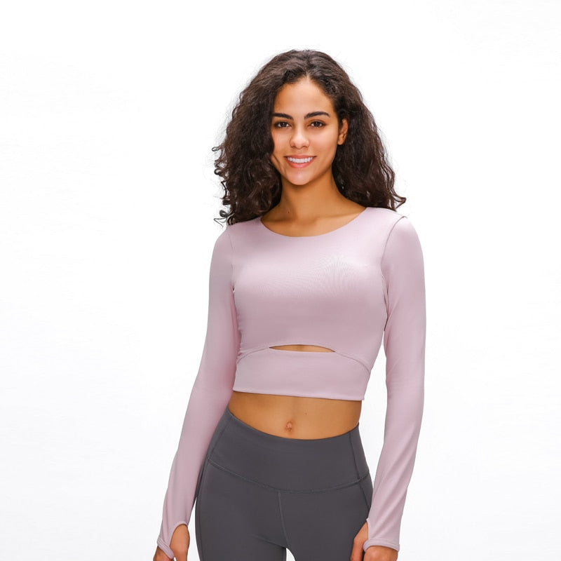 Nepoagym WIND Top corto de manga larga para mujer con sujetador acolchado Top de yoga suave Camisas cómodas de entrenamiento de gimnasio
